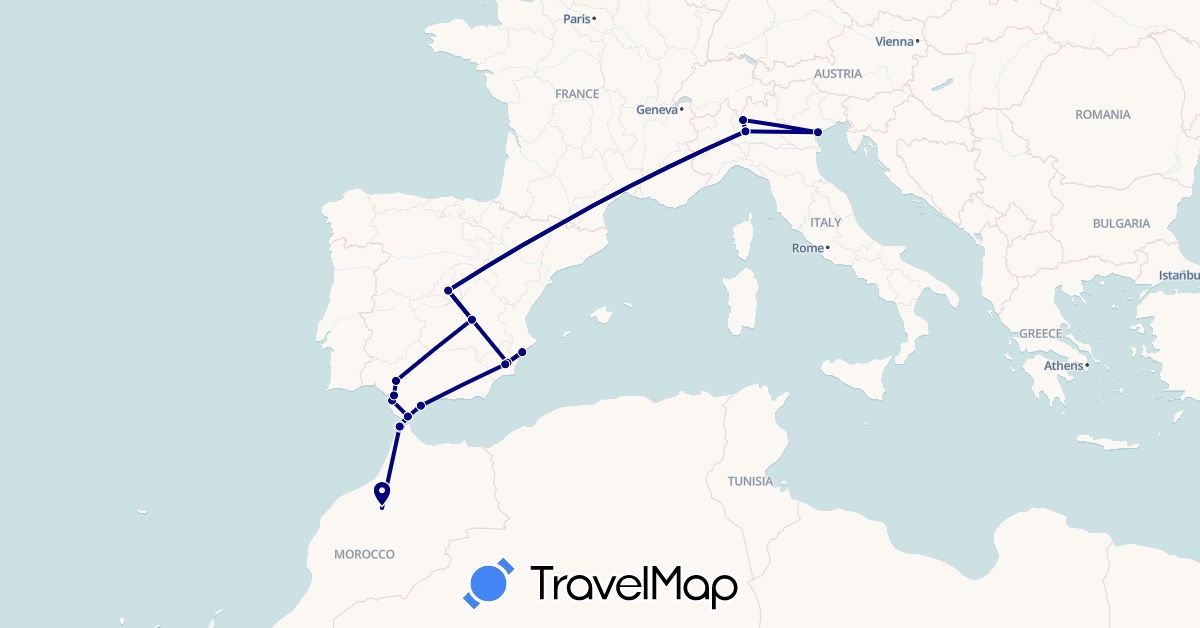 TravelMap itinerary: driving in Spain, Italy, Morocco (Africa, Europe)